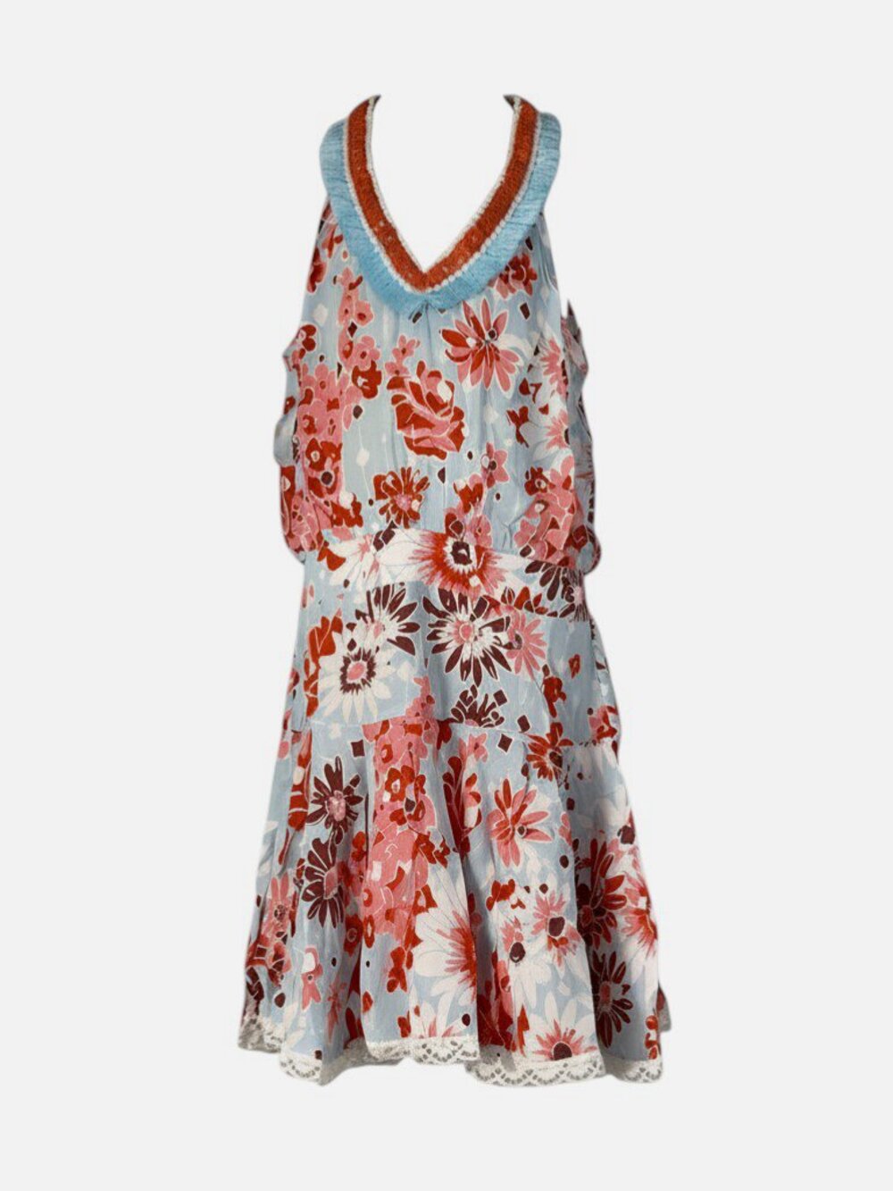Poupette St. Barth Kids Girl's Blue Floral Fringe V-Neck Agathe Dress Size 4